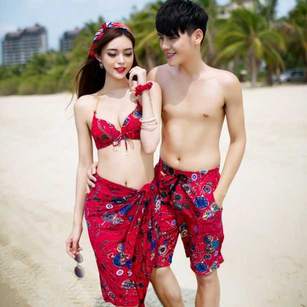 Đám cưới bên bờ biển màu đỏ đôi áo tắm nữ ba mảnh phù hợp che bụng Hàn Quốc áo tắm nóng bỏng quần bơi nam - Vài đồ bơi 	đồ đi biển cặp đôi	