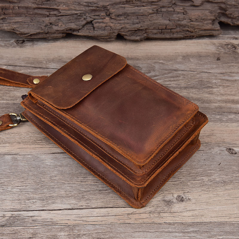 Retro Genuine Leather Multifunction Mobile Phone Bag Crazy Mappie Man Wearing Leather Strap Pocket phone to protect leather cover Mini small inclined cross-pack