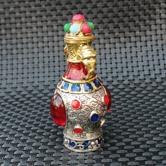 古玩收藏仿古复古鼻烟壶铜双面镶嵌红蓝绿宝石烟具内画鼻烟壶