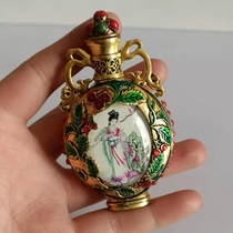 Antique Tibetan Nightlight Snuff Pot Classical Beauties Handicraft bronze Double-sided Inner painting Smoke with spoon