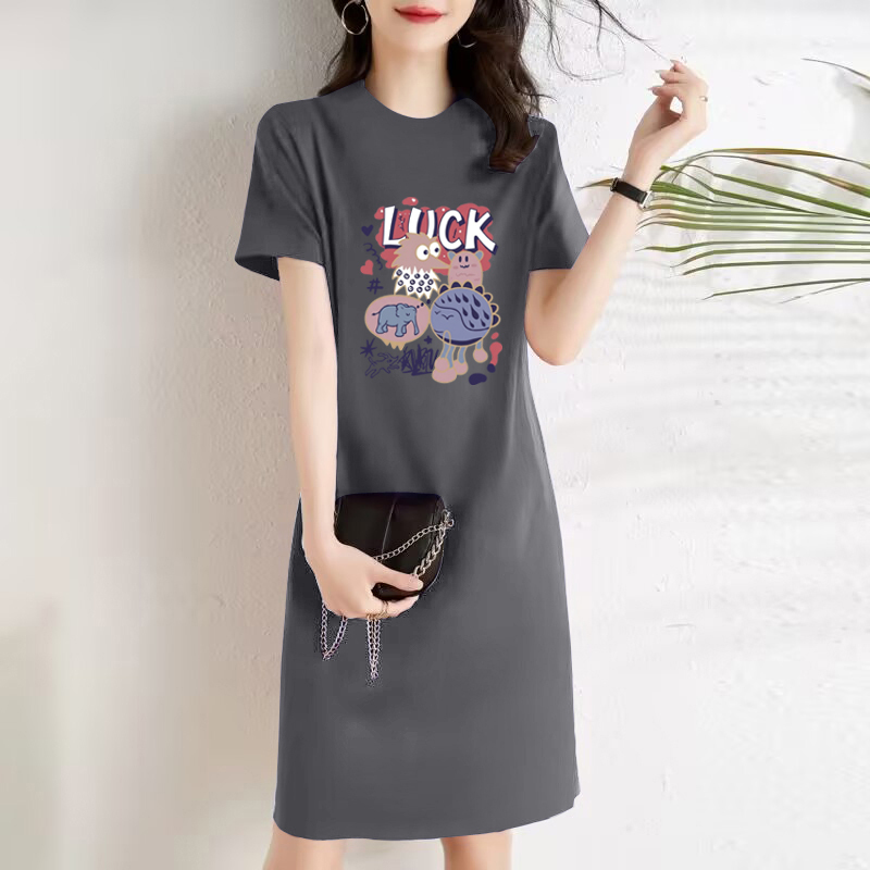 European Style 2026 Summer New Fashionable Age-Reducing Pure Cotton Short-Sleeve T-Shirt Dress for Women, Casual Versatile Mid-Length Dress