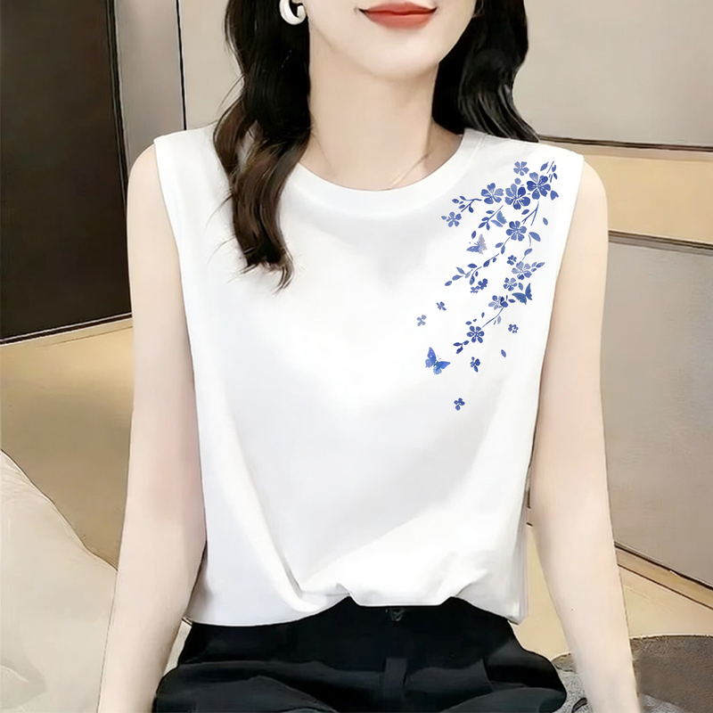 Foreign Trade Export 100% Pure Cotton Round Neck Sleeveless Vest Top Summer Fashion Loose Printed Casual Versatile T-Shirt for Women