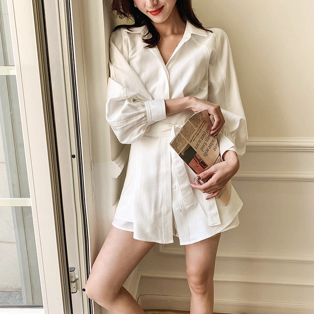 Dimple custom 2023 summer white shirt suit fashion women's waist wide-leg shorts temperament two-piece suit