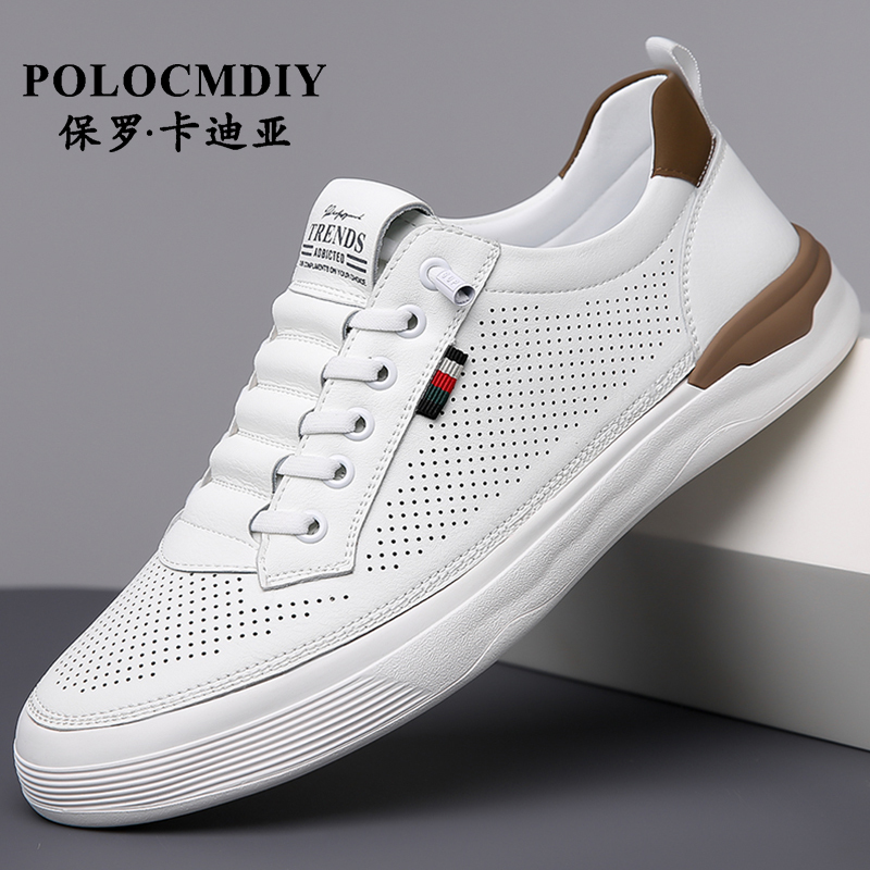 Paul Cardia Genuine Men's Shoes, Summer Breathable Hollow-Out Light Luxury Genuine Leather 2026 New Men's Casual White Shoes