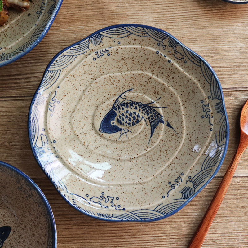 Japanese-style creative retro threaded ceramic bowl series tableware Household plate Rice bowl Western plate Salad plate