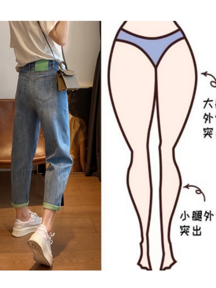 <!--深蓝色哈伦九分牛仔裤女春秋大码胖妹妹显瘦直筒阔腿老爹萝卜裤潮-->