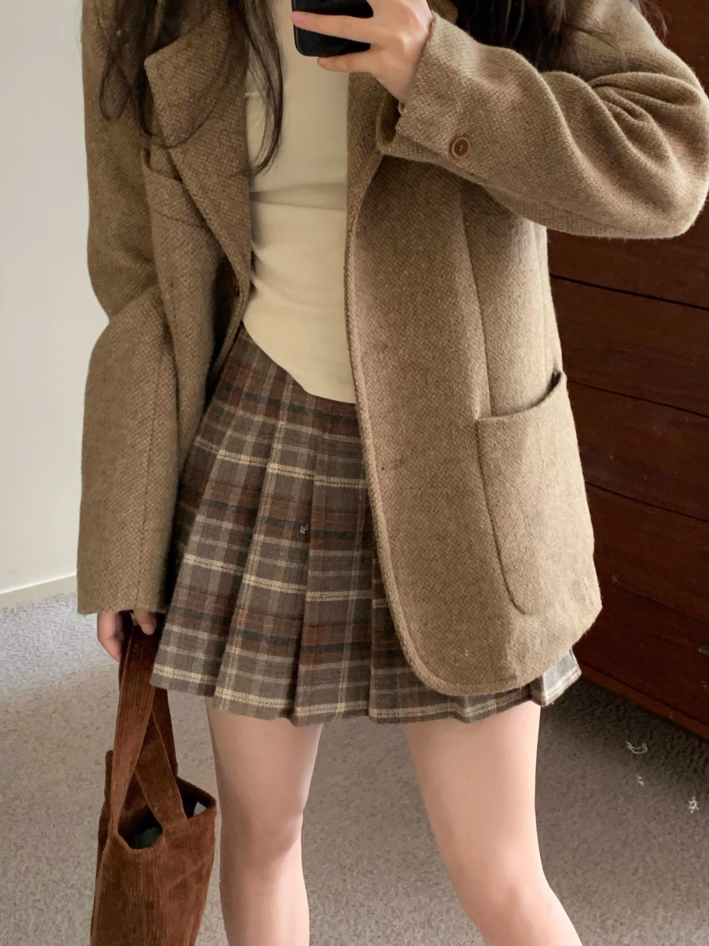 Retro plaid wool midi skirt for women, new spring and autumn style, plus size, slimming design, pleated A-line short skirt