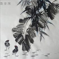 Ink and wash painting boutique freehand flower-and-bird painting literati painting academic banana leaves with chicks