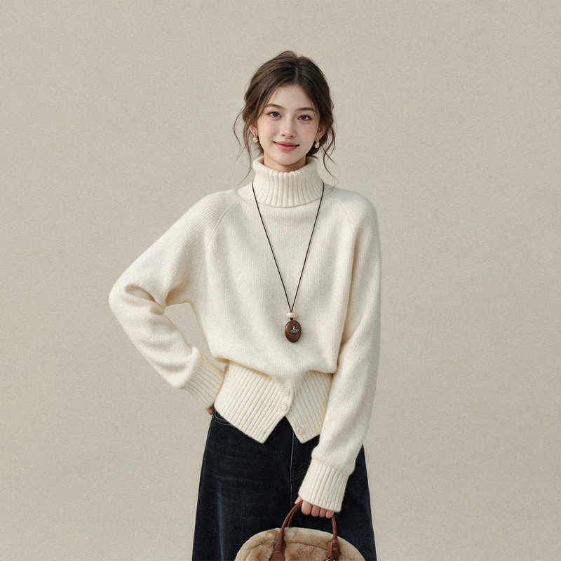 Off-White Lazy Style Turtleneck Soft Sweater for Women, Autumn Relaxed Loose Knit Long-Sleeve Base Shirt Off-White Lazy Style Turtleneck Soft Sweater for Women, Autumn Relaxed Loose Knit Long-Sleeve Base Shirt