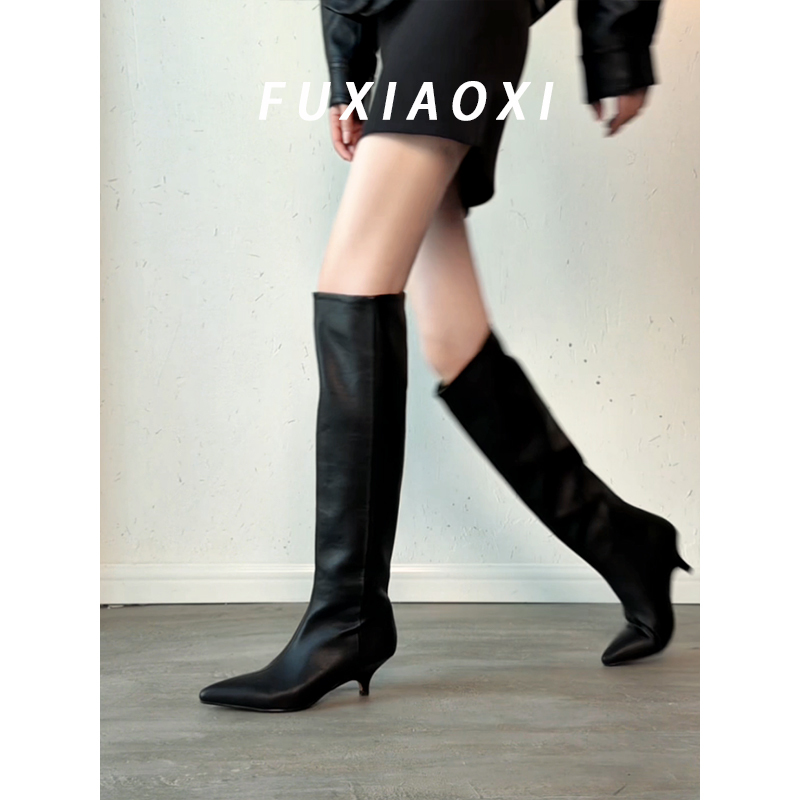 2026 European and American Style Sexy Kitten Heel Pointed Toe Long Boots for Women, Autumn and Winter Black Mid-Heel Slimming Knee-High Fashion Boots 2026 European and American Style Sexy Kitten Heel Pointed Toe Long Boots for Women, Autumn and Winter Black Mid-Heel Slimming Knee-High Fashion Boots
