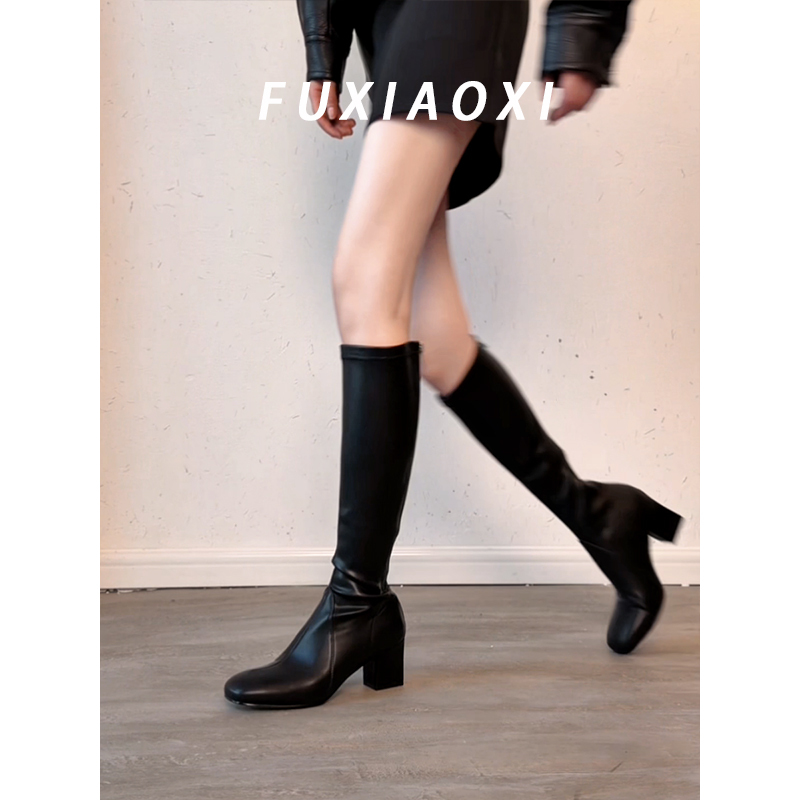 Casual Retro Style Black Patchwork High Boots Winter Thick Heel Square Toe Color Polished Elastic Slimming Versatile Fashion Boots Casual Retro Style Black Patchwork High Boots Winter Thick Heel Square Toe Color Polished Elastic Slimming Versatile Fashion Boots