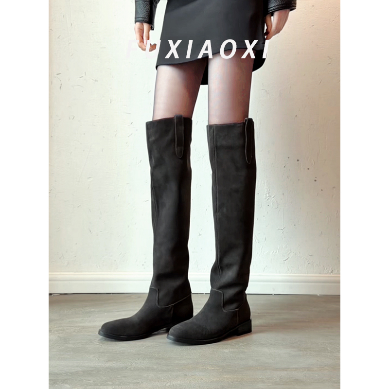 2026 Autumn and Winter Retro Suede Stacked Long Boots for Women, Chunky Heel, Round Toe, Straight Over-The-Knee Boots, Riding Boots, High Boots