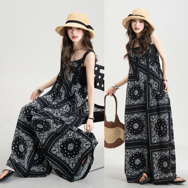 Fc Original Loose Casual Ethnic Style Suspender Jumpsuit Women's Summer Skirt Pants Ink Flower Dyed Wide-Leg Pants
