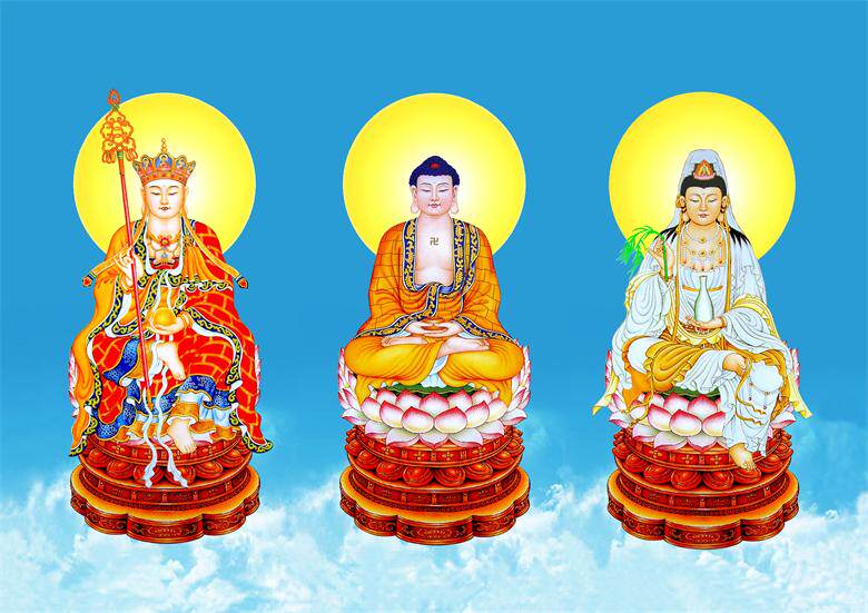 Buddhist Portrait of the Three Sages of Saha Sakyamuni Buddha Guanyin Bodhisattva Ksitigarbha Bodhisattva Photo of the Three Sages of Saha