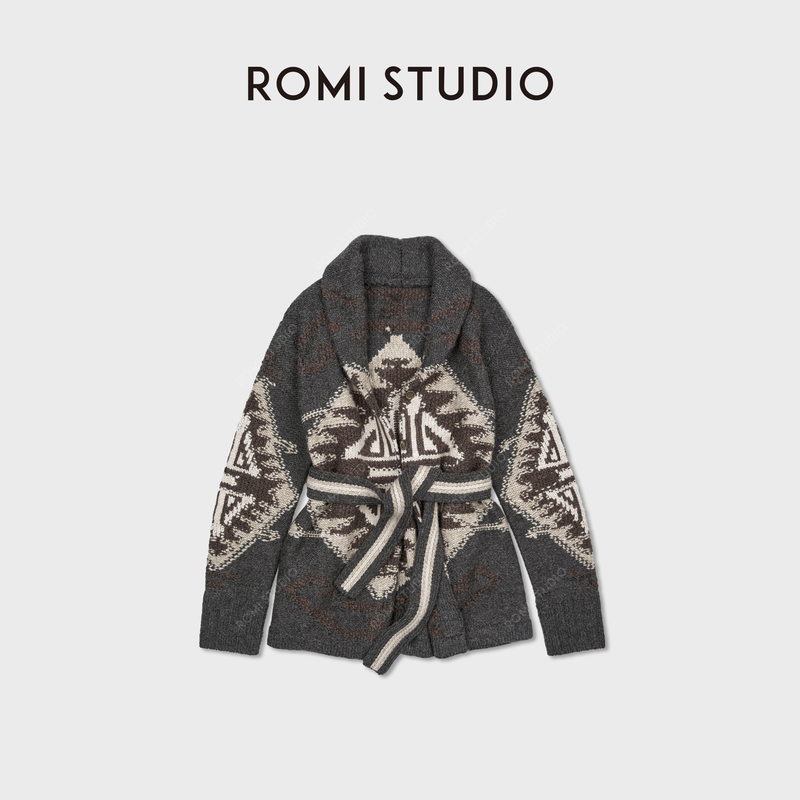 Romi Studio “Vintage Craftsmanship” Wool Blend 3-Needle Intarsia Pattern Waist-Cinching Cardigan Rwcawt5413