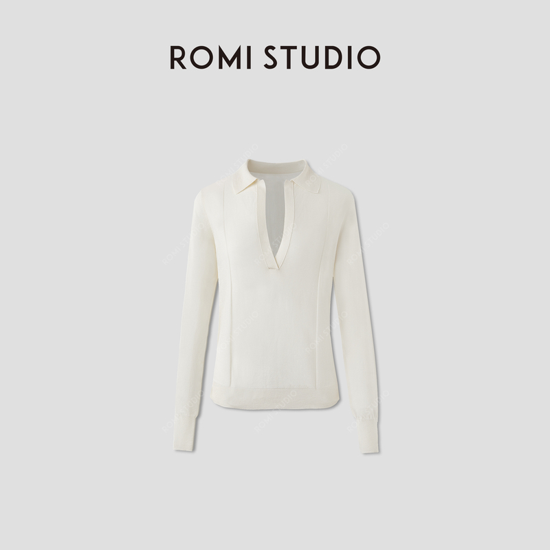 Romi Studio Triacetate Cotton Blend Apricot Loose Polo Collar Long-Sleeved Knitwear Rwcrst3063