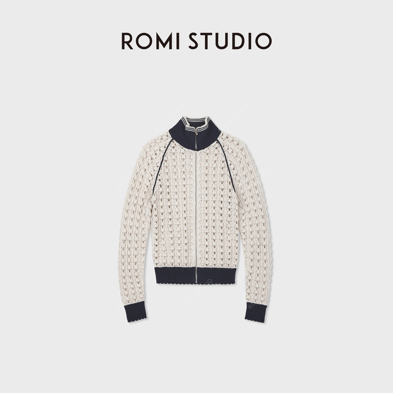Romi Studio Cotton Heavy-Duty Hollow-Out Fan-Shaped Knit Stand-Up Collar Color-Block Short Cardigan Rwcrwt7632 Romi Studio Cotton Heavy-Duty Hollow-Out Fan-Shaped Knit Stand-Up Collar Color-Block Short Cardigan Rwcrwt7632