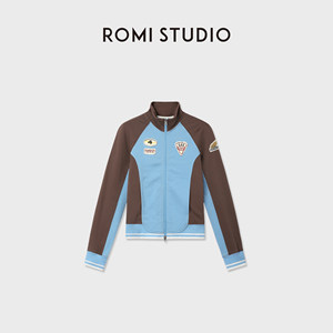 Romi Studio Blue and Brown Contrast Motorcycle Jacket American Retro Badge Stand Collar Zipper Cardigan Rwdaw64497
