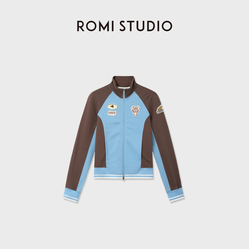 Romi Studio Blue and Brown Contrast Motorcycle Jacket American Retro Badge Stand Collar Zipper Cardigan Rwdaw64497 Romi Studio Blue and Brown Contrast Motorcycle Jacket American Retro Badge Stand Collar Zipper Cardigan Rwdaw64497
