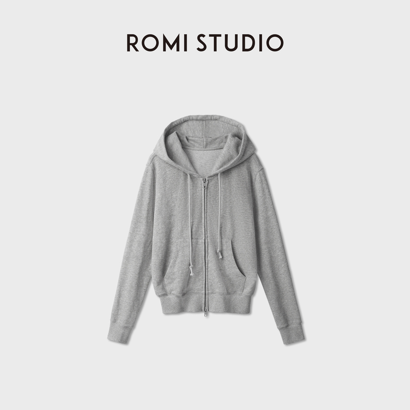 Romi Studio Knitted Terry Material Kangaroo Large Pocket Double Zipper Hooded Cardigan Sweatshirt Rwdas65585 Romi Studio Knitted Terry Material Kangaroo Large Pocket Double Zipper Hooded Cardigan Sweatshirt Rwdas65585