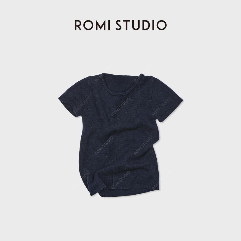 Romi Studio Lightweight Cashmere Wool Rolled Edge Round Neck Pullover Short-Sleeved Sweater Rwdsst1821