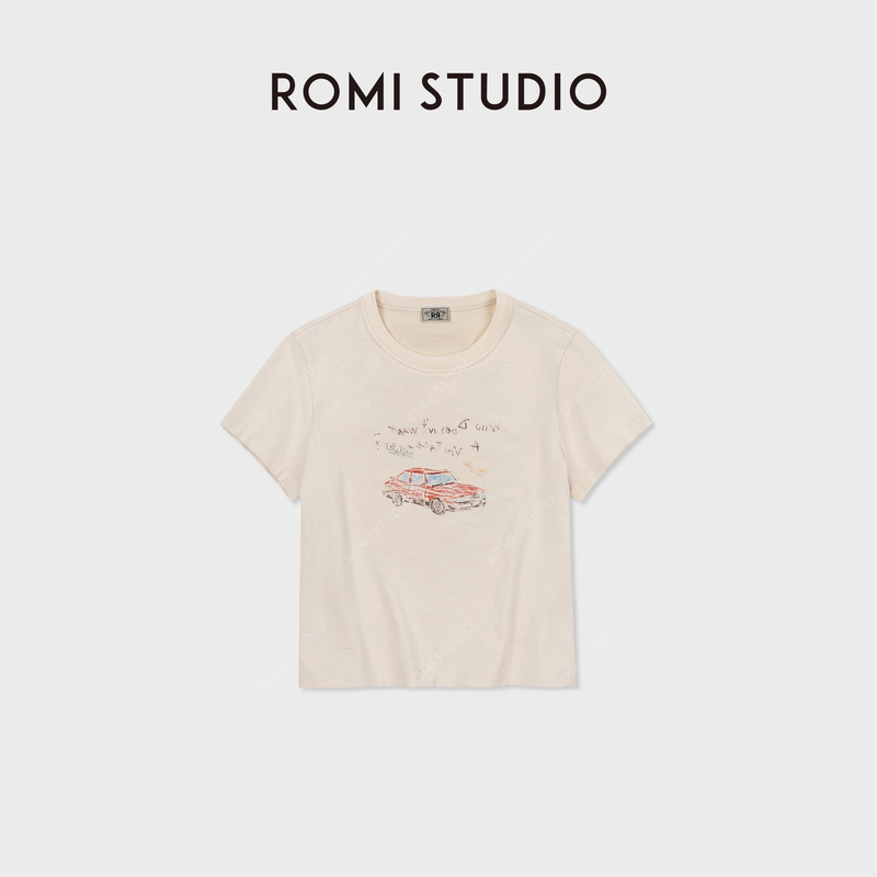 Romi Studio Vintage Series Organic Cotton Seed Shell Retro Printed Short-Sleeved T-Shirt Rwdssl2569