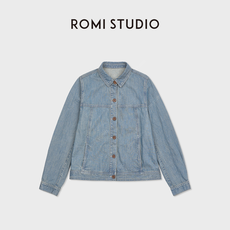 Romi Studio Linen Lyocell Blend Vintage Washed Loose Shoulder Denim Jacket Rwcss87486