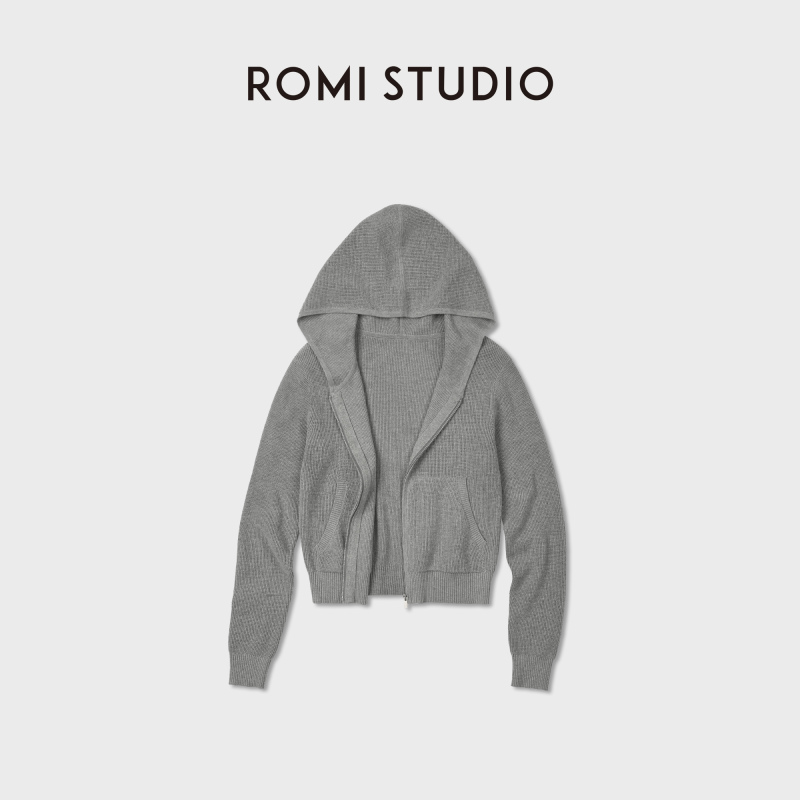 Romi Studio Waffle Cotton Simple Light Gray Hooded Zipper Knit Cardigan Rwdas65861