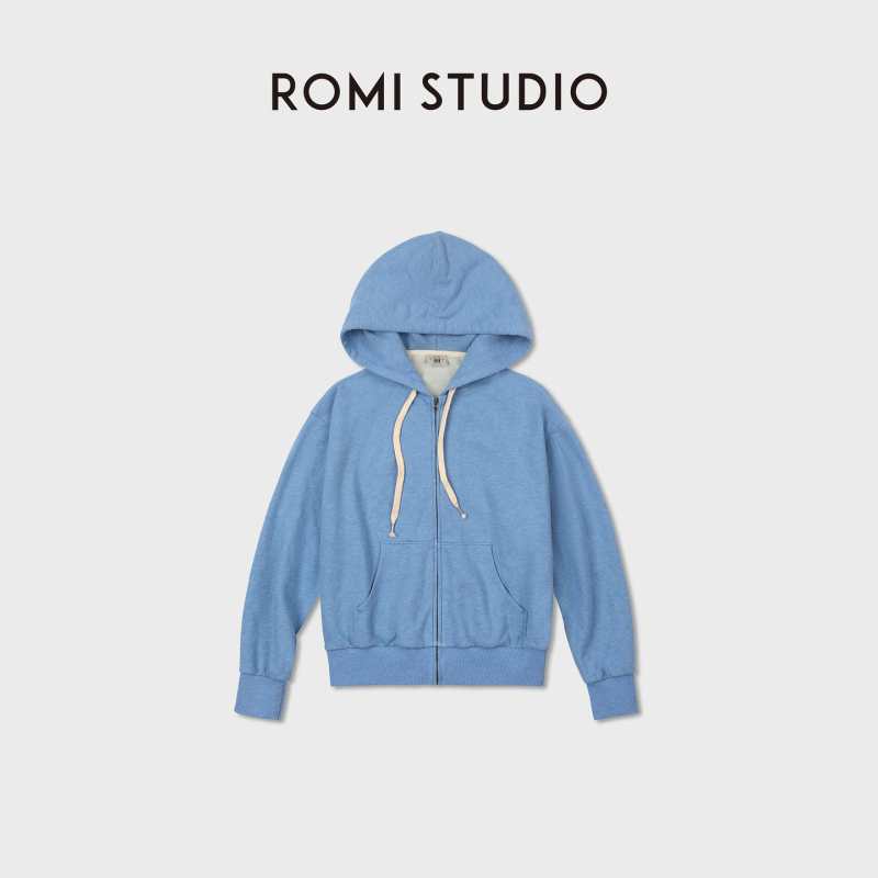 Romi Studio Refreshing Blue Long-Staple Cotton Commuter Casual Hooded Zipper Sweatshirt Rwdase5204