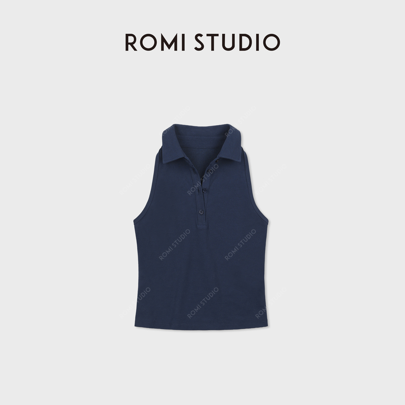 Romi Studio Simple and Versatile Slim-Fit Sleeveless Halter Neck Polo Collar Waist-Cinching Vest Rwdrs63421