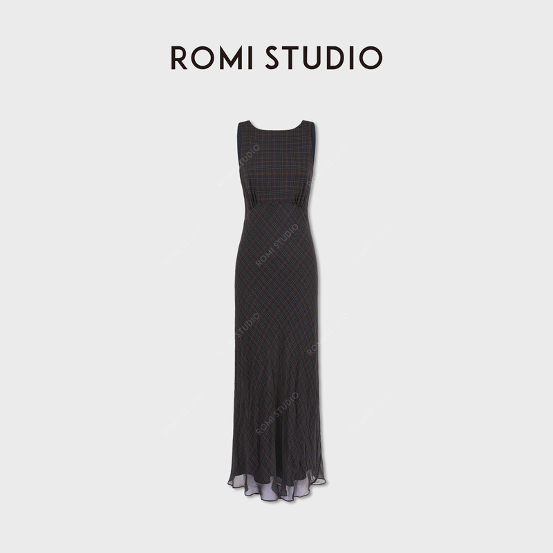 Romi Studio “Relaxed and Elegant” Mulberry Silk Waist-Cinching Sleeveless Plaid Dress Rwcrlg6943 Romi Studio “Relaxed and Elegant” Mulberry Silk Waist-Cinching Sleeveless Plaid Dress Rwcrlg6943