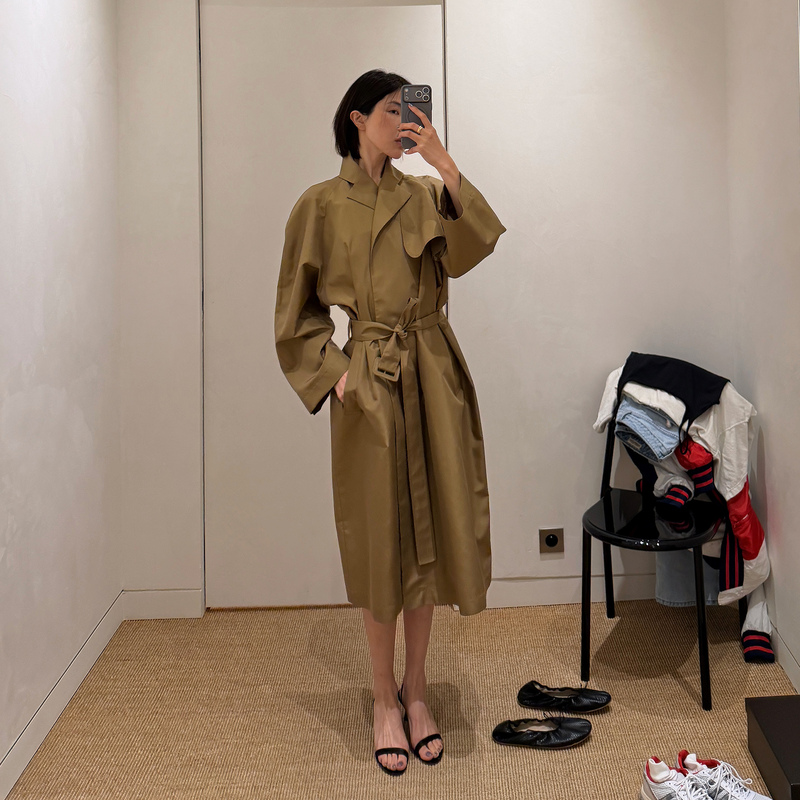 Romi Studio Mulberry Silk Draped Silk Long Trench Coat with Dropped Shoulders Rwdawu4734