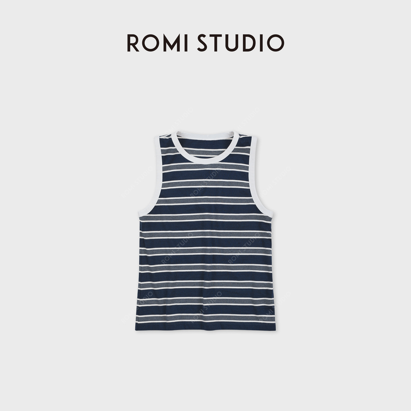 Romi Studio French-Style Relaxed Classic Navy Blue and White Striped Contrast Trim Vest Rwdssf3337 Romi Studio French-Style Relaxed Classic Navy Blue and White Striped Contrast Trim Vest Rwdssf3337
