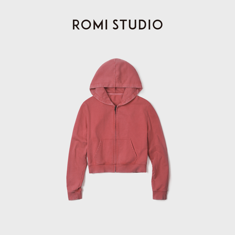 Romi Studio Retro Washed Low-Saturation Red Cotton Loose Hooded Zipper Sweatshirt Rwdss62671
