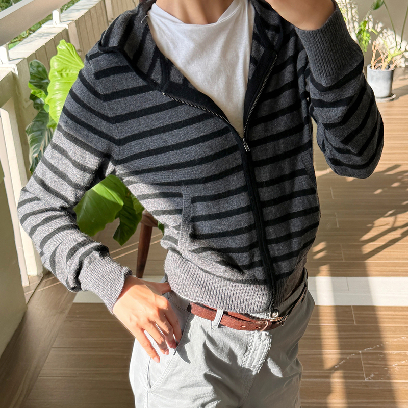 Romi Studio Cashmere Wool Blend Contrast Color Horizontal Stripes Cardigan Hooded Sweater Rwdas65664 Romi Studio Cashmere Wool Blend Contrast Color Horizontal Stripes Cardigan Hooded Sweater Rwdas65664
