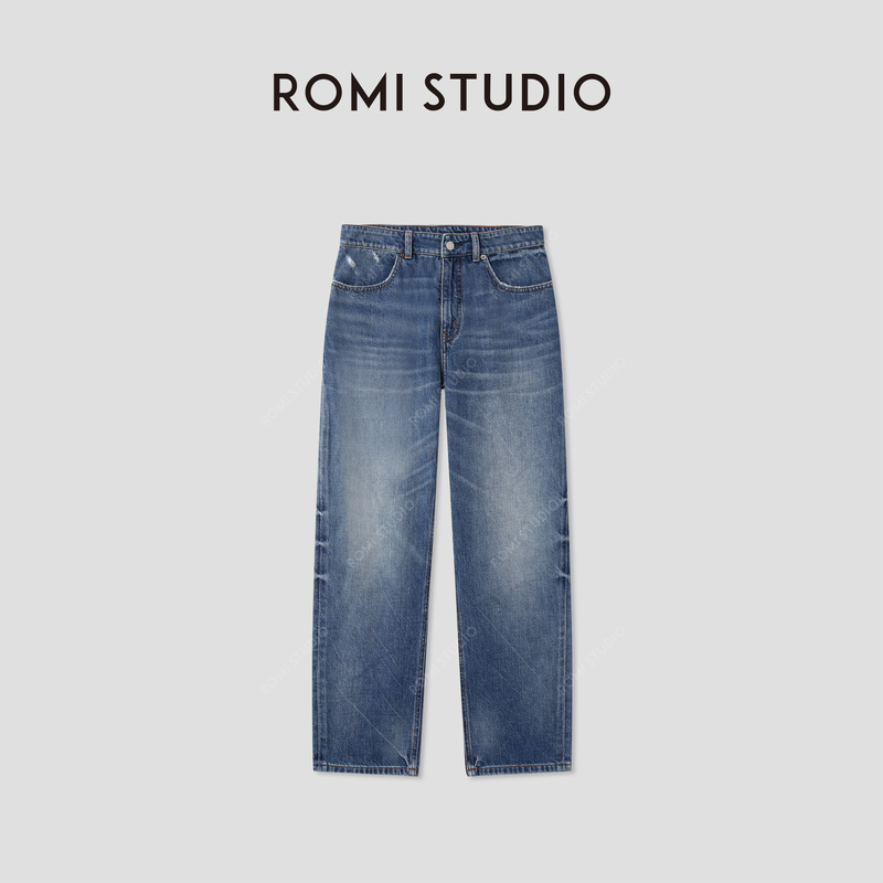 Romi Studio Turkish Imported Washed and Distressed Mid-Waist Slightly Loose Jeans Rwcax85291