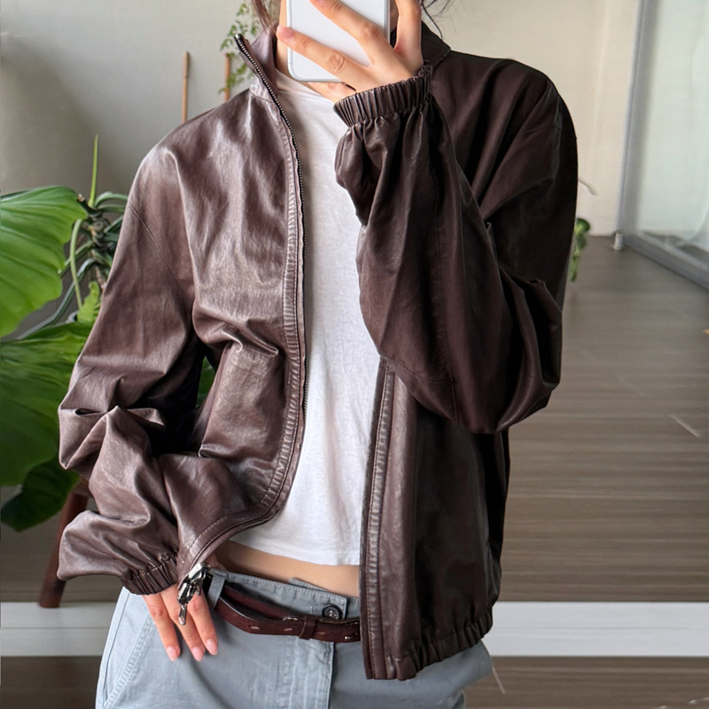 Romi Studio Italian Imported Ultra-Thin Vegetable-Tanned Leather Textured Stand-Collar Jacket Leather Coat Rweaw61462