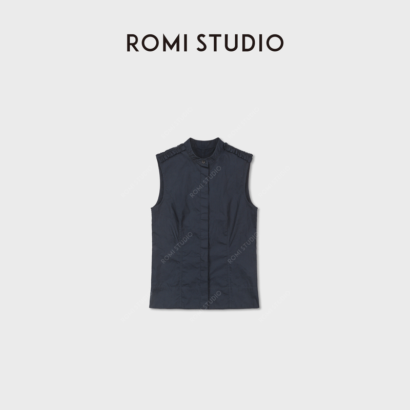 Romi Studio Ruffled Cotton Poplin Simple Round Neck Sleeveless Shirt Top Rwdrsu2887