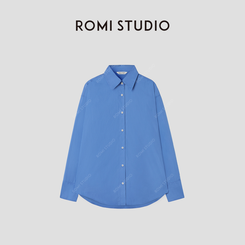 Romi Studio Retro Style 100% Cotton Klein Blue Crisp Loose Shirt Rwcrsy3590 Romi Studio Retro Style 100% Cotton Klein Blue Crisp Loose Shirt Rwcrsy3590
