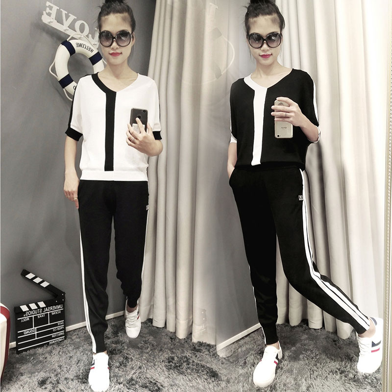 Ice wire knitted leisure sports suit female summer 2018 new fashion summer loose and thin trousers two pieces tide