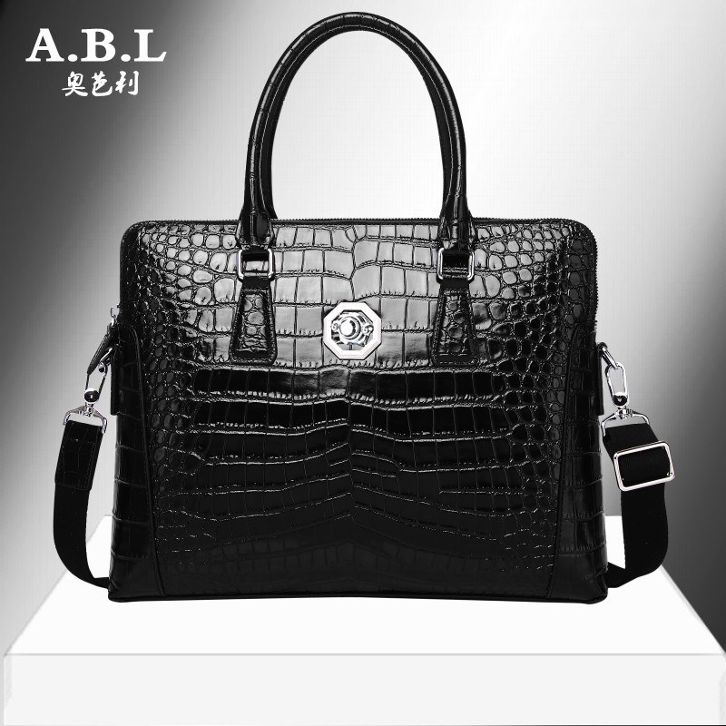 High-end handbag male genuine leather genuine leather trendy single shoulder bag new crocodile thread double pull chain black inclined satchel briefcase briefcase