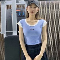 Skinny sport short sleeve color round neck fitness top female thread yoga suit training vest casual base shirt Women