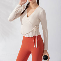 Solid color thread long sleeve yoga clothing V collar short sports fitness clothing wooden ear niche design sense base shirt female