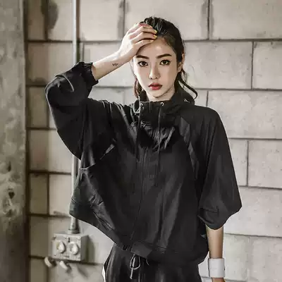 High collar running jacket stand collar loose sports casual wear mesh stitching breathable fitness jacket bat sleeve female