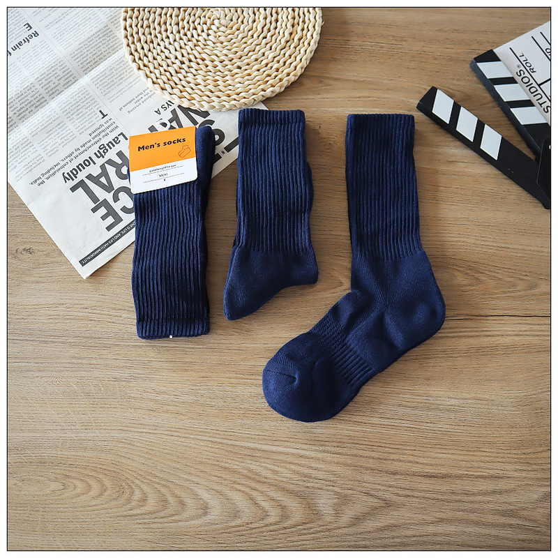 Men's Pure Cotton Towel-Soled Thickened Long Sports Socks, Sweat-Absorbent, Odor-Resistant, Breathable, Business Casual, Warm, Navy Blue