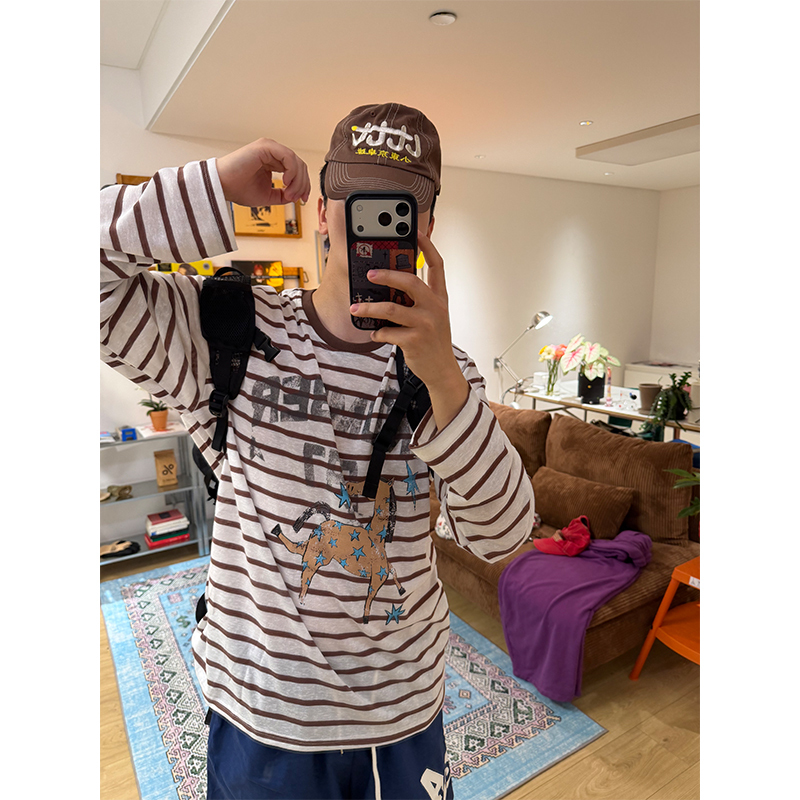 Cgga American-Style Color-Blocked Striped Pony Print Long-Sleeve T-Shirt for Men and Women, Loose and Versatile Breathable Base Shirt for Summer