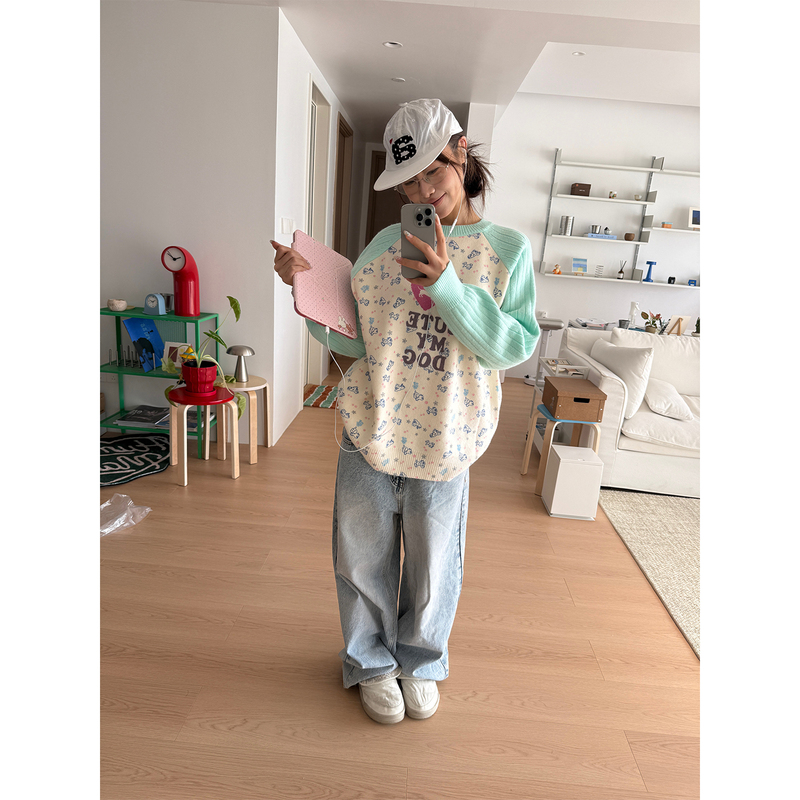 Cgga American-Style Fun Print Color-Block Long-Sleeve Knit Sweater for Men and Women, Loose Casual Versatile Pullover Sweater for Spring and Autumn
