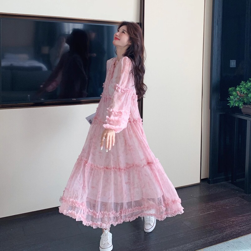 Maternity Wear Pink Printed Dress 2026 Autum New Style French Gentle Style Elegant Slimming Look High-End Skirt