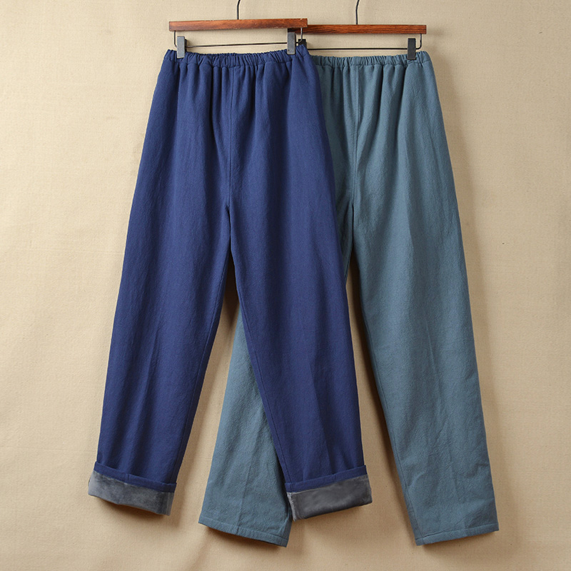 Thickened cotton and hemp casual pants Velvet Tang pants Chinese style warm dad pants Autumn and winter middle-aged lay pants