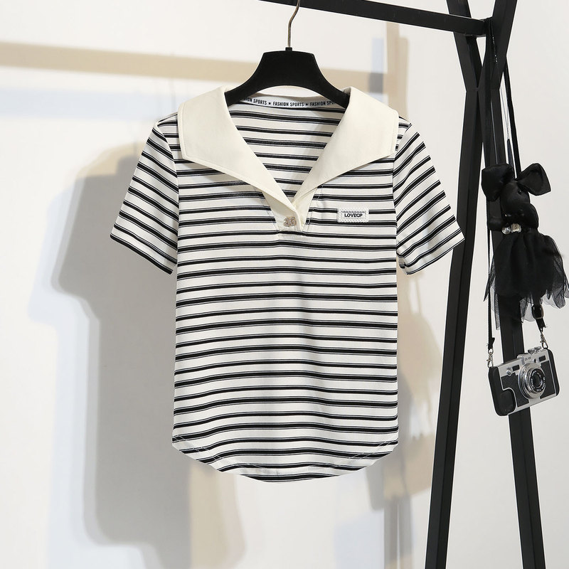 Polo Shirt for Women 2026 Summer New Style Casual High-End Youthful Shoulder-Length Short-Sleeve Striped Sailor Collar T-Shirt Top